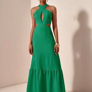 Green Casual Women's Halter Neck Textured Fabric Maxi Dress
